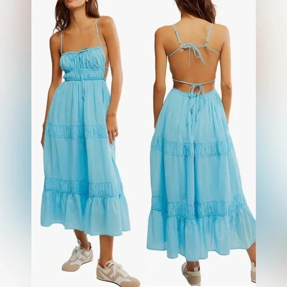 NEW FREE PEOPLE Taking Sides Tiered Cotton Maxi splash Blue Dress sz M - Picture 1 of 6